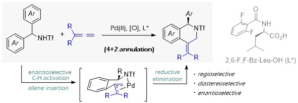 34) Palladium-catalyzed, enantioselective formal cycloaddition between benzyltriflamides and allenes: Straightforward access to enantioen-riched isoquinolines